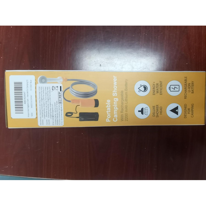Портативний душ Koopsmate для кемпінгу з LED-підсвіткою, акумулятором, душовою насадкою та шлангом, синій, для походів, саду та миття авто, дві батареї