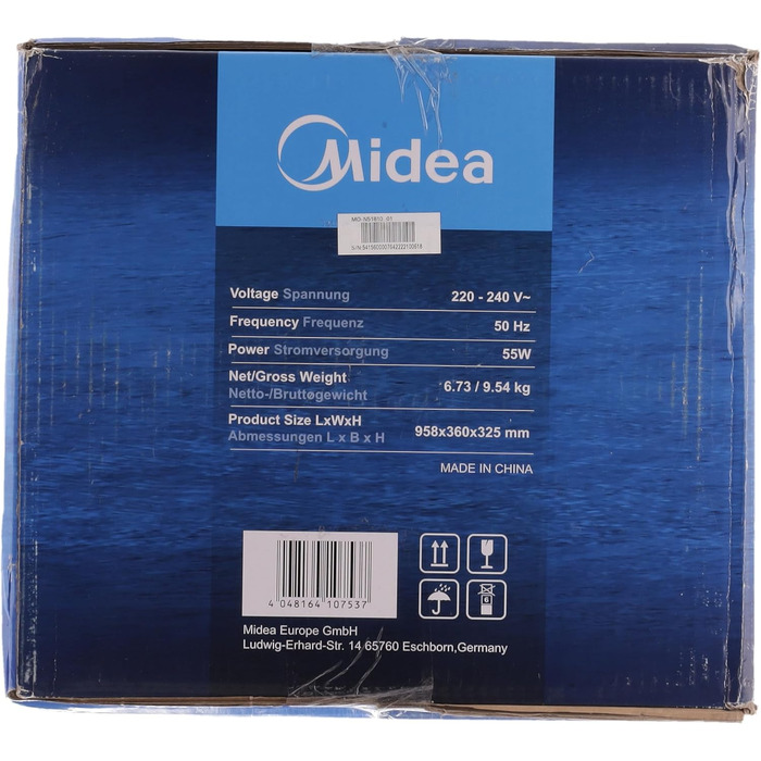 Мобільний кондиціонер Midea з водяним охолодженням, іонізацією та зволоженням, з резервуаром для води 5 л, 355 м³/год, без повітроводу, пульт, 55 Вт, білий