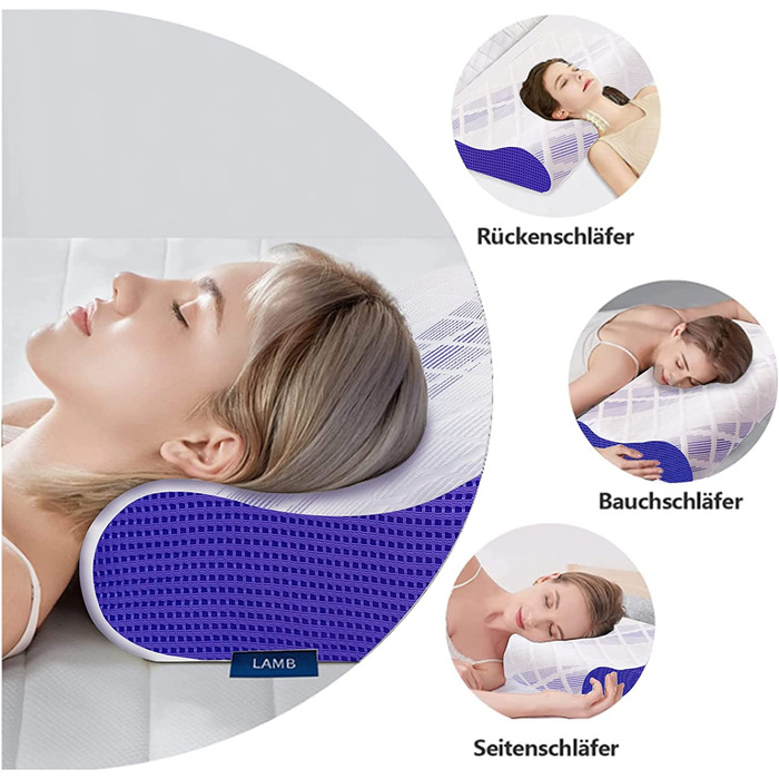 Подушка для шиї LAMB з Memory Foam, регульована висота, ергономічна, знімний чохол 60x36x12/10 см, блакитна