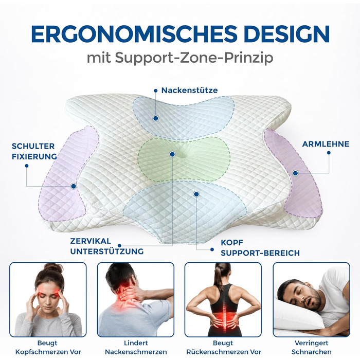 Ортопедична подушка для шиї та голови з ефектом пам'яті (Memory Foam) у формі метелика, ергономічна подушка для сну на боці та спині зі знімним чохлом, колір Alpine White