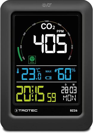Вимірювач CO2 Trotec BZ30 – монітор якості повітря, вологості та температури, діапазон вимірювання 0-9999 PPM, похибка +-75 PPM + 5%, даталогер на 50000 вимірювань (з індикатором комфорту)
