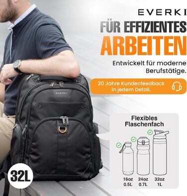 Бізнес-рюкзак для ноутбука Everki Atlas 32L (13–17.3 дюймів), ергономічний дорожній рюкзак з регульованим відділенням, чорний