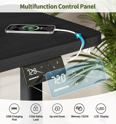 MAIDeSITe електричний стіл для роботи стоячи та сидячи, 160x80 см, з LED-панеллю пам'яті, регулювання висоти, модель S1 Pro