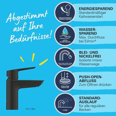 Змішувач для ванної кімнати GROHE Start, економічний, холодна вода в середній позиції, з Pop-Up клапаном, хром, 23551002 (Push-Open, водозберігаючий)