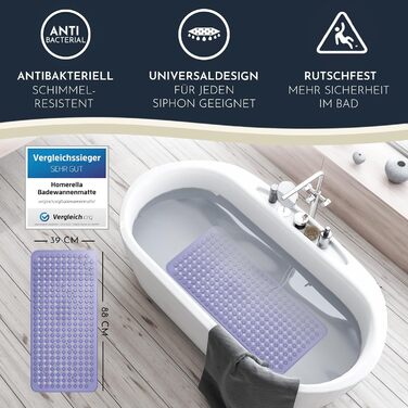 Гумовий килимок для ванни Homerella 88x39 см, антиковзкий, гіпоалергенний, без BPA, з підвісом, стійкий до цвілі, машинне прання, ліловий