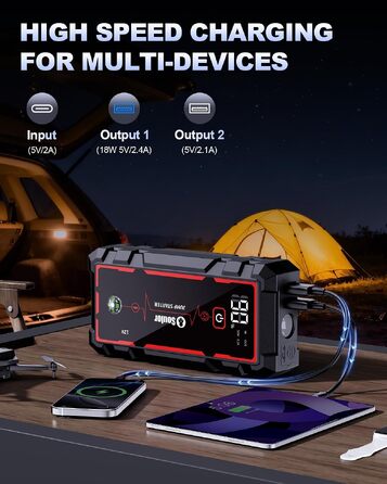 Бустер для автомобіля (Пусковий пристрій) 8000mAh, портативний акумулятор для запуску двигунів до 7.0L бензин та 5.0L дизель, 12V з ліхтариком (3 режими) та пусковими кабелями