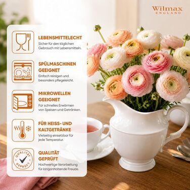 Порцеляновий глечик Wilmax 1,6 л білий для води, соку, молока та вина, підходить для холодних і гарячих напоїв, придатний для посудомийки