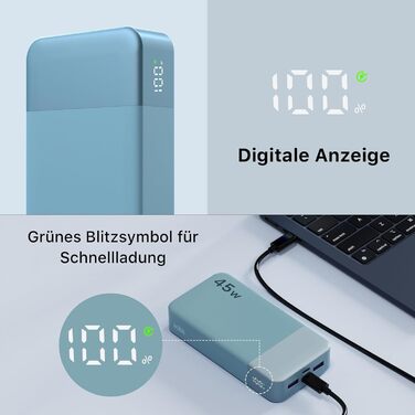 Power Bank Nobis 20000mAh, 45W з кабелем USB-C, Digital Display, для Android, Laptop, Phone (Блакитний)