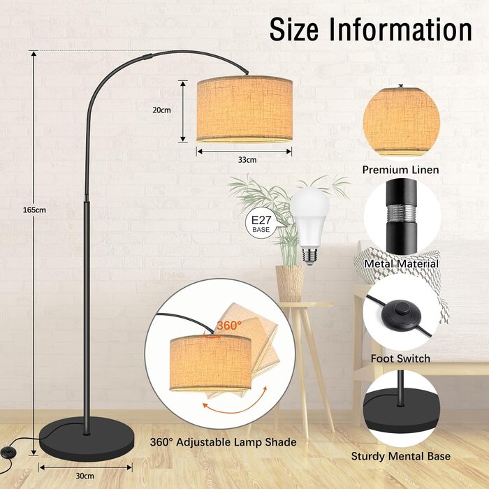 Торшер Fortand для вітальні, LED 12W, 3 режими, з абажуром з льону, ретро-стиль, стійка лампа для читання, E27, з ножним вимикачем, для спальні та вітальні
