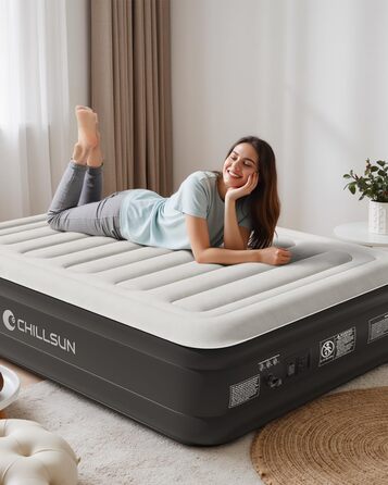 Повітряний матрац двопомісний CHILLSUN з вбудованим електричним насосом, самонадувний матрац з флокованим покриттям для дому, 191x137x46 см