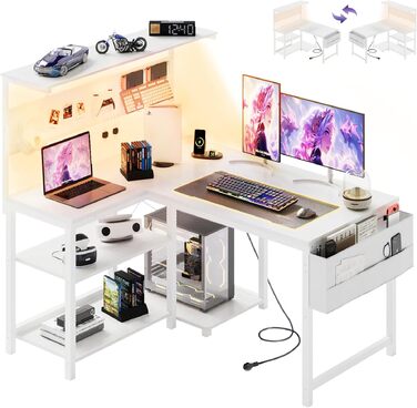 Ігровий стіл YOUDENOVA L-подібний з LED, розеткою USB, поличкою та перфорованою стінкою, 120x80 см. Комп'ютерний стіл для геймерів та дому, білий