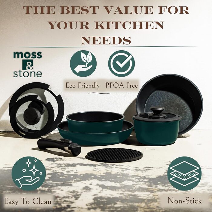 Набір посуду Moss & Stone з алюмінію (10 предметів, синій) з антипригарним покриттям, знімні ручки, індукція, для кемпінгу