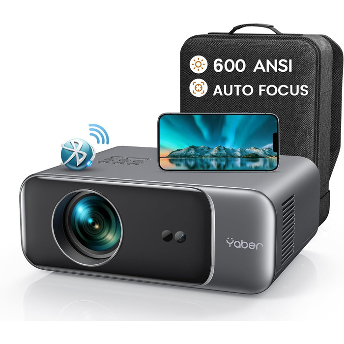 YABER LED проєктор 4K: 1080P Full HD, WiFi6, Bluetooth, автофокус, корекція трапеції. Підтримка PS5, смартфонів, ТВ приставок для домашнього кінотеатру та відпочинку на природі