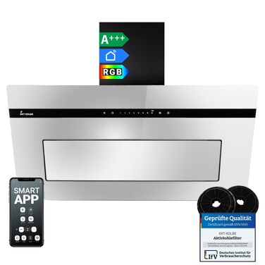 Витяжка кухонна KKT Kolbe HERMES8005SM 90 см, нержавіюча сталь та чорне скло, потужність 782 м³/год, WLAN, RGBW-LED підсвічування, сенсорне керування, клас A+++
