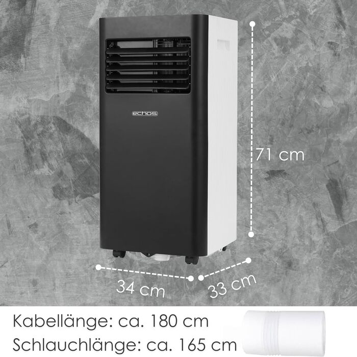 Мобільний кондиціонер Echos 3-в-1 з Wi-Fi, 9000 BTU, таймер 24 год, пульт, для кімнати, з відвідною трубою