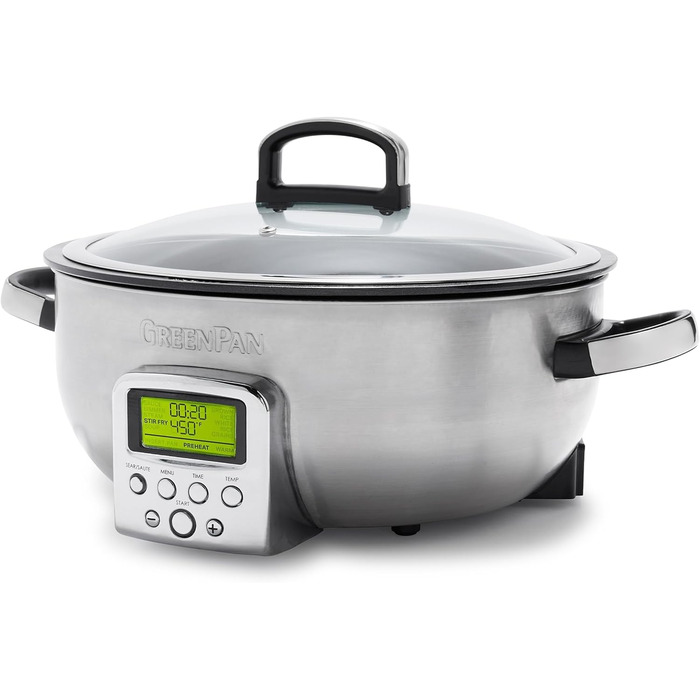 Електричний мультиварка GreenPan Elite 5,6 л, антипригарне керамічне покриття без PFAS, для смаження, тушкування, варіння рису, посудомийна машина, LED-дисплей, сріблястий нержавіючий корпус