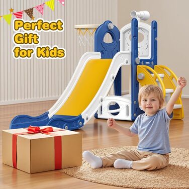 Дитяча гірка Kinder Rutsche блакитна з баскетбольним кільцем для малюків 1-3 роки, ігровий комплекс з місцем для зберігання, для дому та вулиці