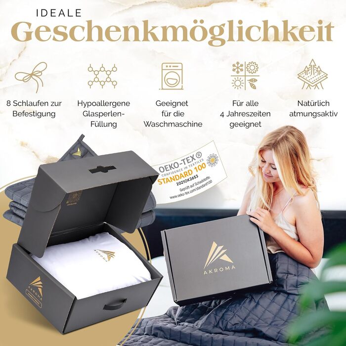 Обтяжена ковдра Akroma Premium 155x220см, 12кг — Терапевтична антистрес-ковдра для покращення сну, 100% бавовна (Oeko-Tex), темно-сіра, для дорослих