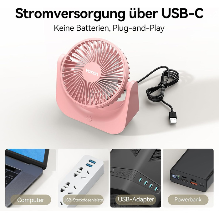 VOXON USB вентилятор міні настільний з 5 швидкостями, рожевий. Тихий USB-вентилятор для офісу, дому, спальні. Кабель 1,5м, без батарейок
