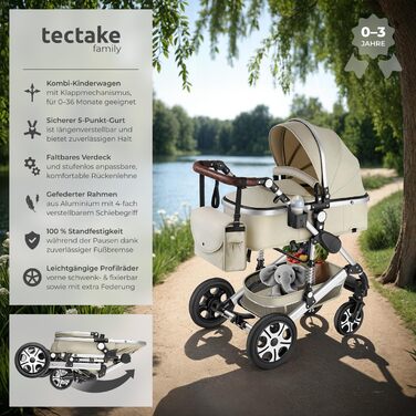 Дитяча коляска Tectake 2 в 1: розкладний візок-ліжко з підніжкою, тримачем для напоїв, люлькою та дощовиком (сірий/бежевий)