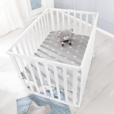 Дитячий манеж roba складаний, білий, дерево, з матрацом Little Stars, 74x100 см, компактний, на колесах