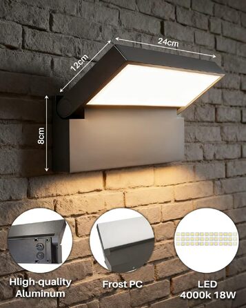 Світильник вуличний настінний LED EBION 18W, поворотний на 90°, водонепроникний IP54, алюміній, 4000K, антрацит