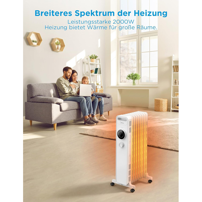 Масляний радіатор Midea NY2009-22M 2000Вт, 9 секцій, енергозберігаючий, безшумний, з термостатом, 3 режими нагріву, захист від перегріву і перекидання, ECO-режим, швидкий обігрів, портативний, білий, риб'ячий хребет