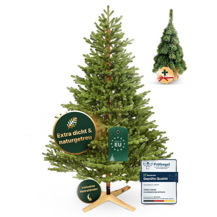 Штучна ялинка TreesHouse Scandinavian Spruce 180 см, реалістична зелена хвоя, підставка з FSC-дерева