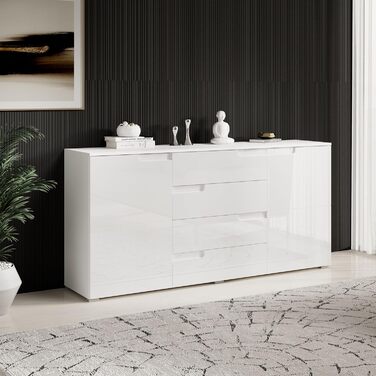 Комод Stella Trading SPICE у білому глянці, сучасний, 165x80x40 см, з великим місцем для зберігання для вітальні