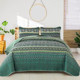 Покривало WONGS BEDDING 200x220 см, стьобане, 3 предмети, мікрофібра, зелений, з 2 наволочками 50x75, для двоспального ліжка та дивана, Boho стиль
