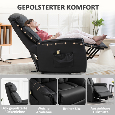 Електричне телевізійне крісло HOMCOM Recliner з допоміжним засобом для сидіння, функцією відкидання, масажне крісло з підніжкою, бічною кишенею, пультом дистанційного керування, для вітальні, до 150 кг, штучна шкіра, чорний