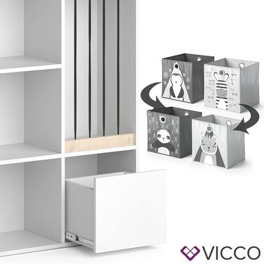 Дитяча полиця Vicco Luigi біла 72x107,8 см з 2 складними коробками, опція 5, 72x96 см з коробками Слон/Тигр