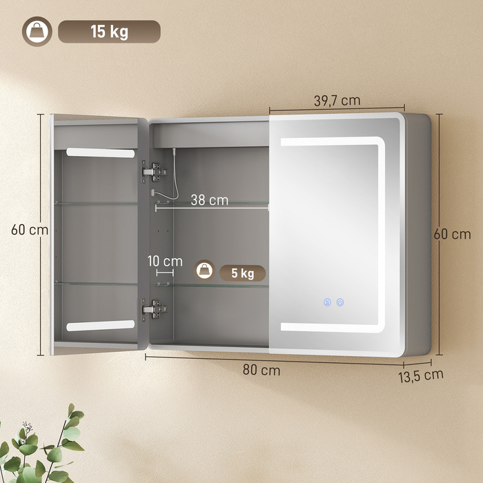 Дзеркальна шафа у ванну кімнату з LED-підсвіткою, 60 x 80 см, з функцією антизапотівання та 3-рівневим диммуванням
