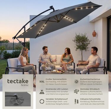 Парасолька садова TecTake Ø 350 см, підвісна (ампельна), сіра: з LED сонячним підсвічуванням, поворотом на 360°, регулюванням нахилу та подвійним дахом