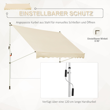 Тент Outsunny Folding Arm 300 x 150 см Регульований по висоті Тент Складаний кронштейн Захист від сонця з ручним кривошипом Стійкий до погодних умов Алюміній бежевий