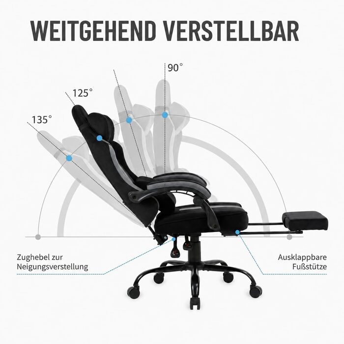 Ігрове крісло PixelPilot Ergonomic з підставкою для ніг, дихаюча тканина, підголівником та поперековою підтримкою, посилене до 150 кг, чорне