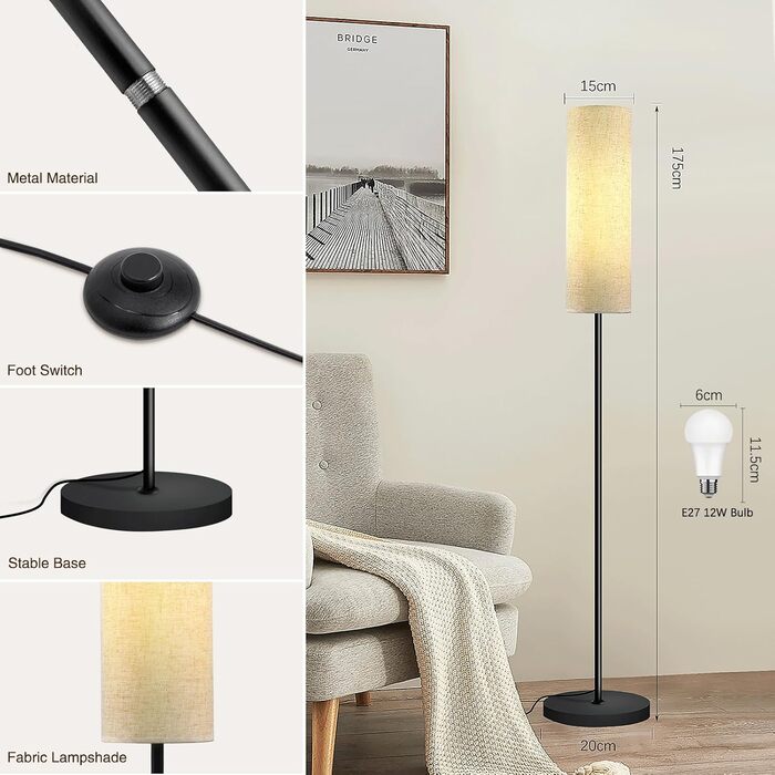 Сучасна LED торшерна лампа Hzitcigm для вітальні та спальні, 175 см, 12W, E27, з 3 режимами освітлення, лляний абажур, ретро дизайн, з ножним вимикачем