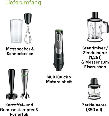 Блендер Braun MultiQuick 9 MQ 9147X 5-в-1, 1200 Вт, з насадками для подрібнення, пюре та збивання, чорний/нержавійка