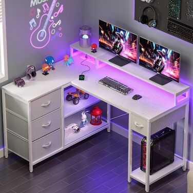 Письмовий стіл кутовий YITAHOME з USB-зарядом та розеткою, 4 шухляди, поличка, підставка під монітор, 140x100 см, білий