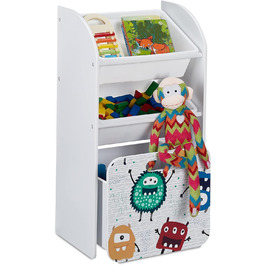 Дитячий стелаж Relaxdays з 3 коробками на роликах, монстр, білий, 80,5x42,5x30 см, іграшковий органайзер