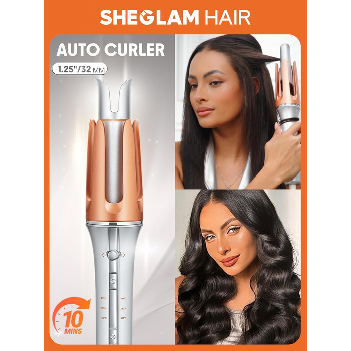 SHEGLAM Автоматичний локон для волосся з керамічним покриттям, 3 температурні режими (170-210°C), швидкий нагрів – самообертовий завивкувальник для локонів (32 мм)