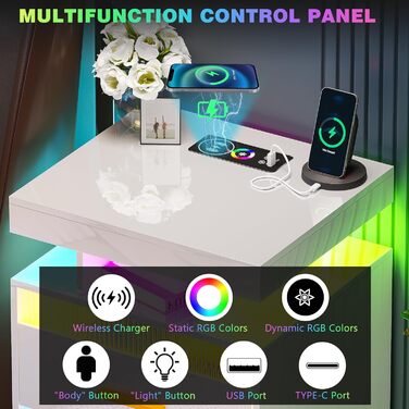 Нічний столик Lvifur з LED-підсвічуванням, сенсором руху та USB/Type-C зарядкою, 2 висувні ящики, бездротова зарядка, 3 кольори, регулювання яскравості, чорний колір