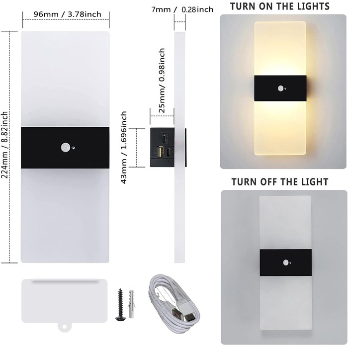 Бездротовий LED настінний світильник VOMI з датчиком руху, акумуляторний, USB зарядка, 4000 мАг, для коридору, сходів, 2 шт, 3000K