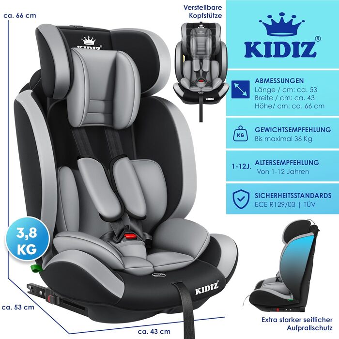 Дитяче автокрісло KIDIZ з Isofix, група 1/2/3, 9-36 кг, регульований підголівник, 5-точковий ремінь, сіре, для дітей 1-12 років