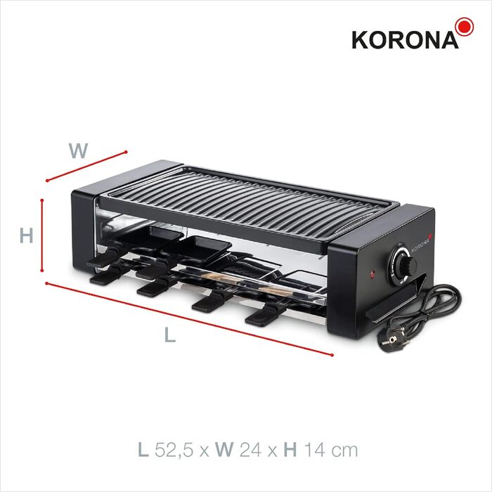 Електрична раклетниця Korona 45070 для 8 осіб, 1300 Вт, антипригарна гриль-плита, 8 сковорідок і лопаток, додаткова підставка для сковорідок, довгий кабель 1,2 м, чорна