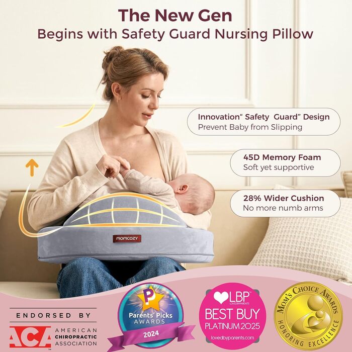 Підтримка для годування Momcozy Innovatives Stillkissen з Memory Foam – стабільна та м'яка, ергономічна, широка, регульована, знімний чохол, сірий (преміум-меморі-піна) CozyLite