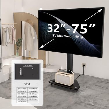 Мобільна підставка для телевізора XTRARM Proton 100, 37-70 дюймів, до 40 кг, регульована висота до 135 см, чорна, скляна основа, сумісна з різними VESA