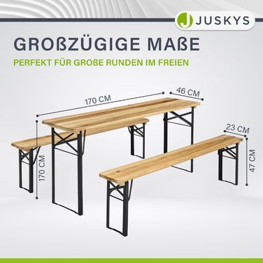 Садовий комплект меблів Juskys Bichl: складаний стіл та 2 лавки з дерева, 170x46x77 см, бенкетний набір для кемпінгу та пікніка