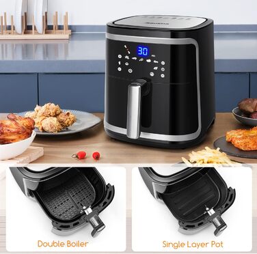 Aigostar Cube аерофритюрниця 7 л XXL, 1900 Вт, 7 програм, LED-екран, без олії, для 6-10 осіб, чорна