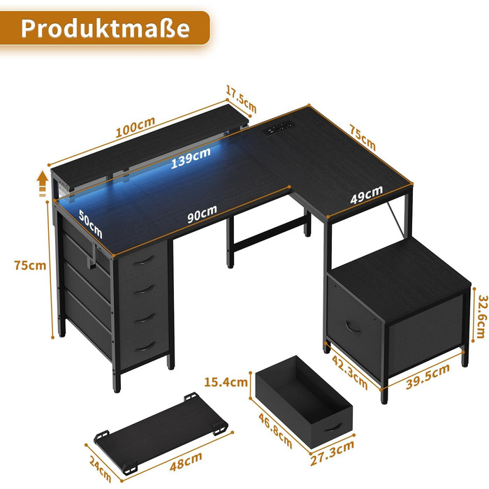 Кутовий стіл Devoko з розетками та USB, 160x120 см, 5 висувних ящиків, підставка під монітор, LED-підсвітка для дому та геймінгу, чорний